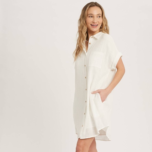 Button Up Shirt Dress With Pocket - Ivory - Picture 3 of 9